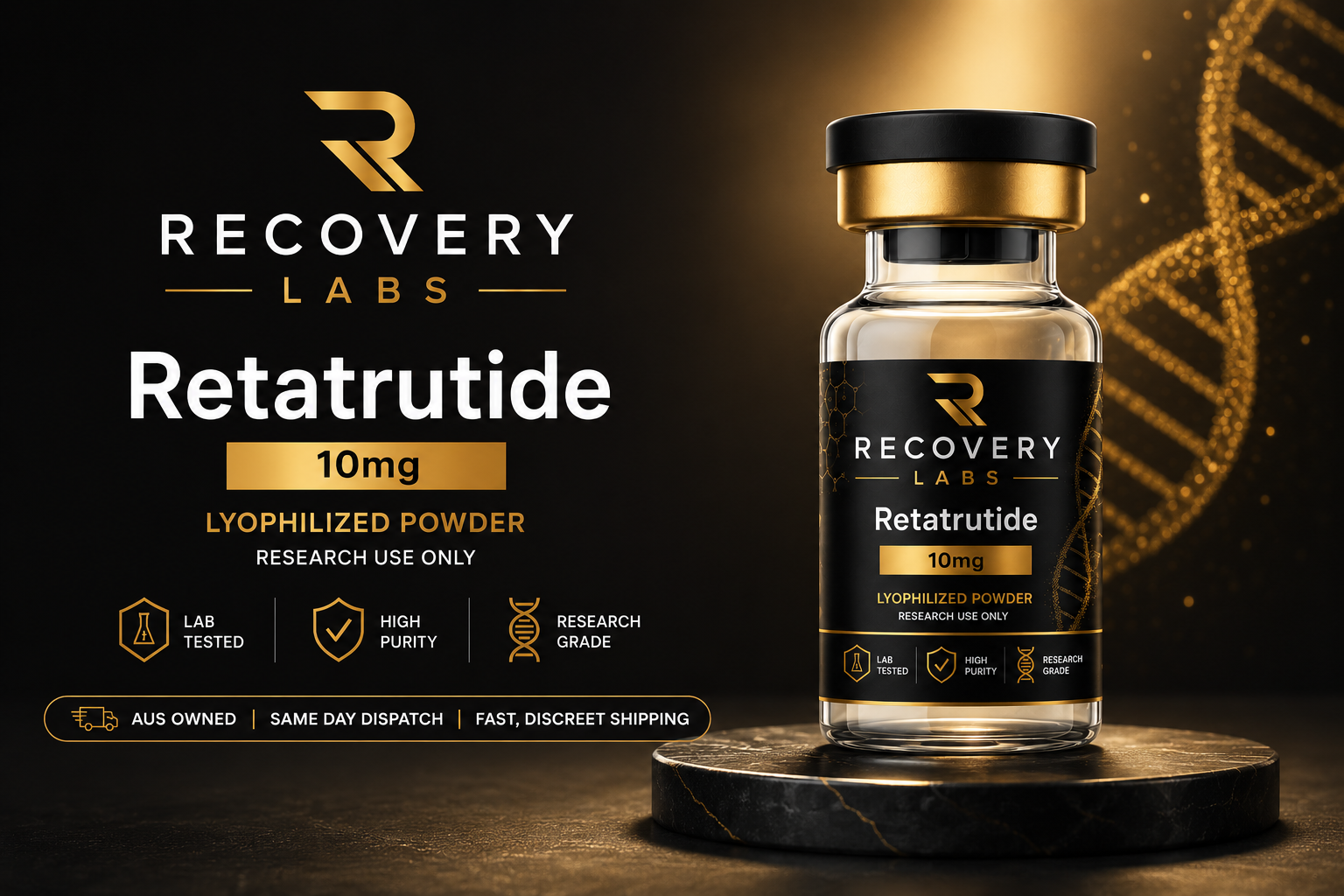 Recovery Labs — Retatrutide, Australian stock Recovery Labs Retatrutide vial held in Australian stock and dispatched same business day